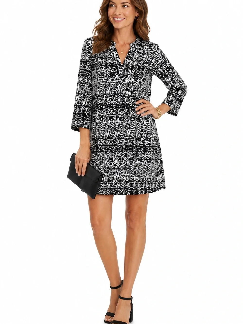 Ellie Kai Size 12 Black White Geometric Print 3/4 Sleeve Dress